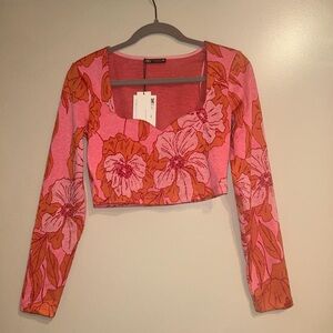 Zara Jacquard Sweetheart Neck Crop Top Pink Floral